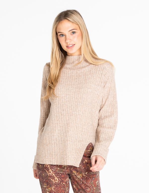 Mock Neck Ribbed Sweater - Natural