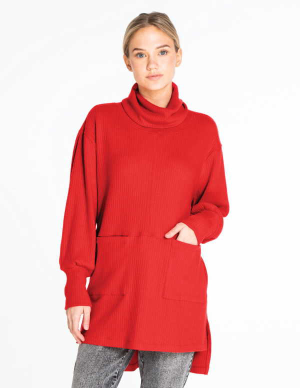 Long Cowl Neck Tunic - Bright Red