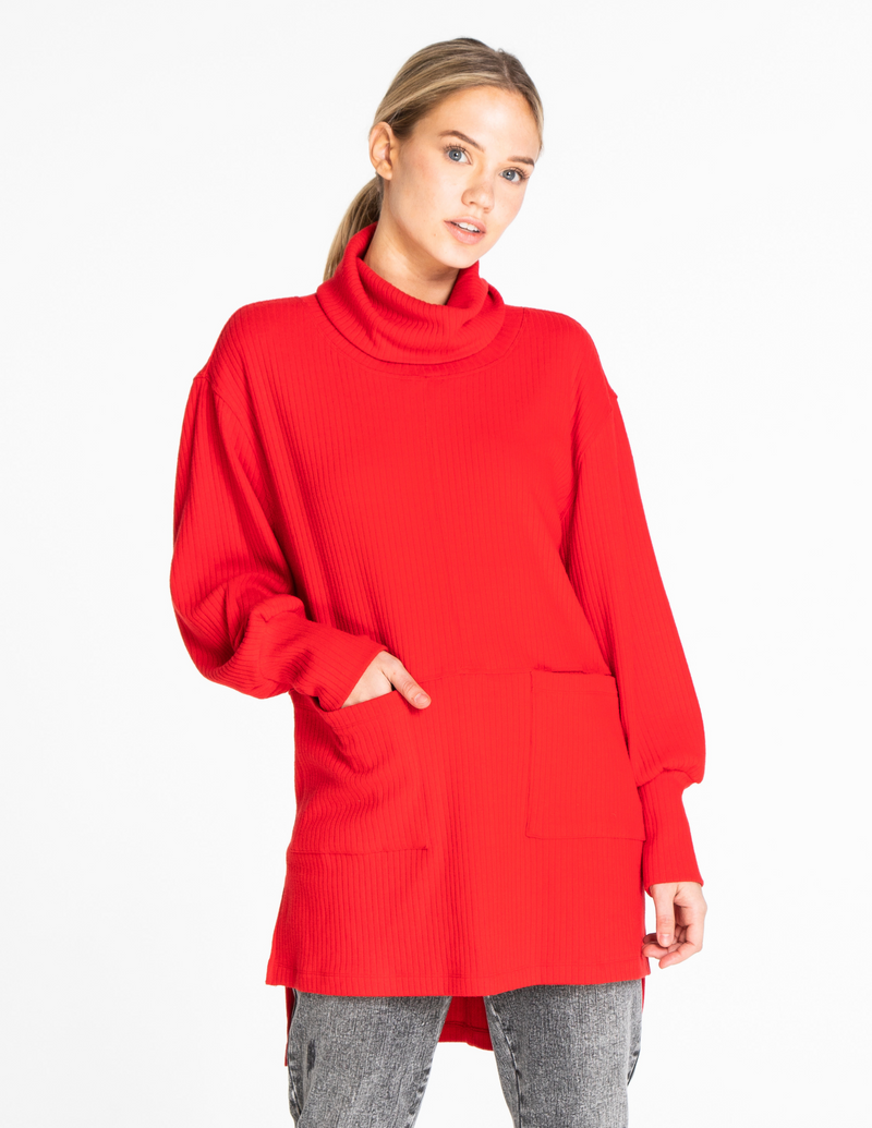 Long Cowl Neck Tunic - Bright Red