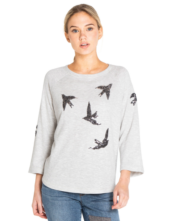 Sequin Bird Applique Top - Light Heathered Grey