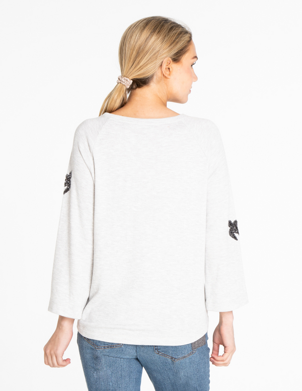 Sequin Bird Applique Top - Light Heathered Grey