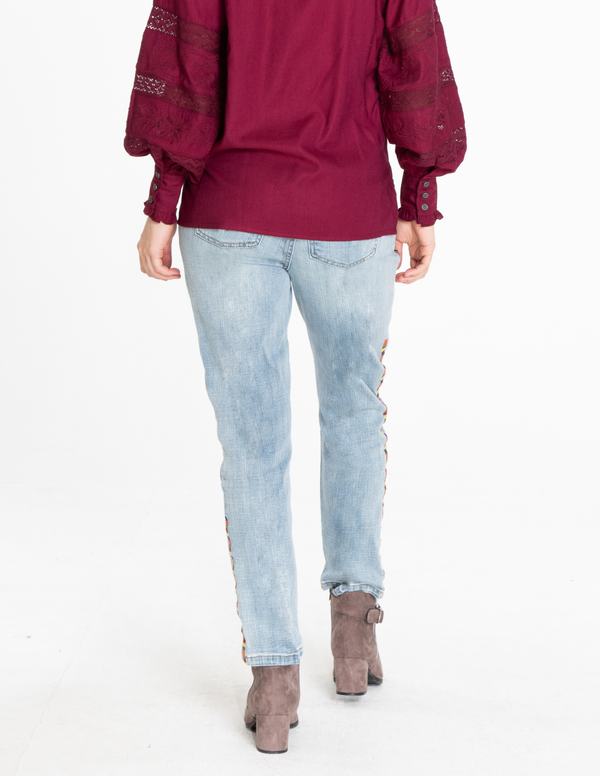 Side Stripe Embroidered Jean - Multi