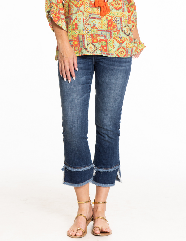 ASYMMETRICAL FRINGE KICK CROP JEAN - Medium Indigo