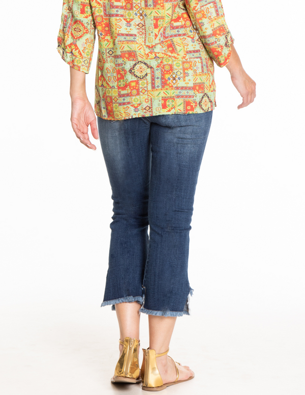ASYMMETRICAL FRINGE KICK CROP JEAN - Medium Indigo