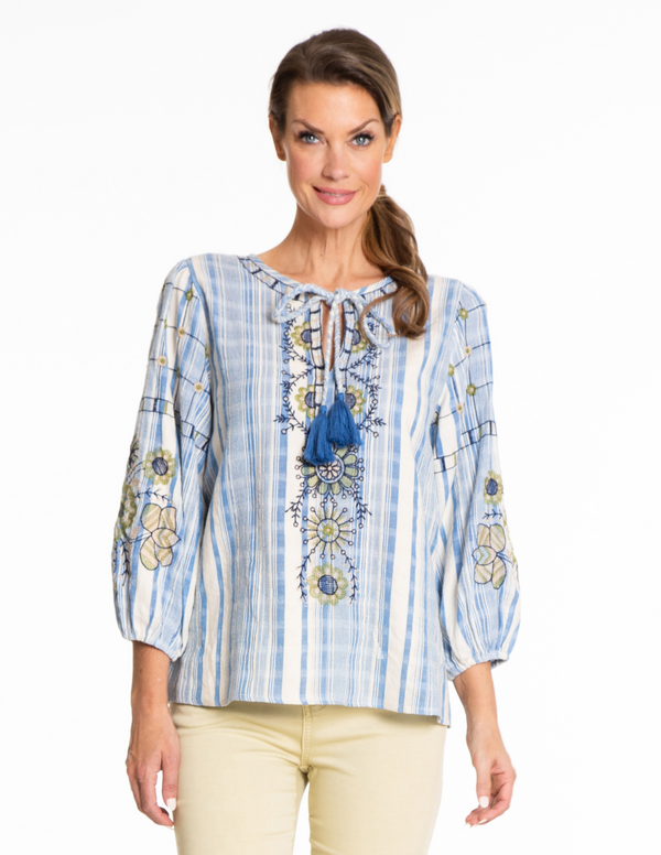 Embroidered Tie Neck Peasant Top - Multi