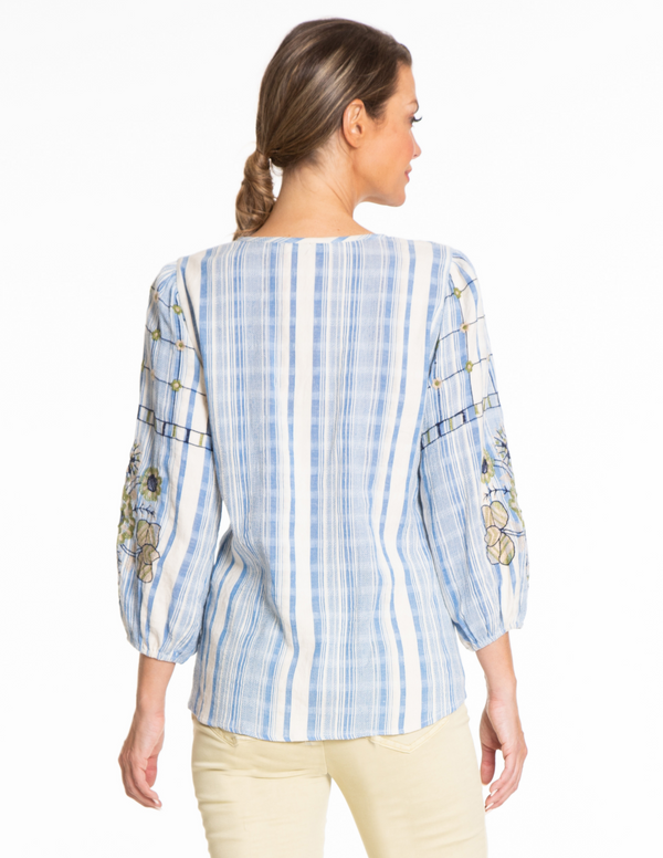 Embroidered Tie Neck Peasant Top - Multi