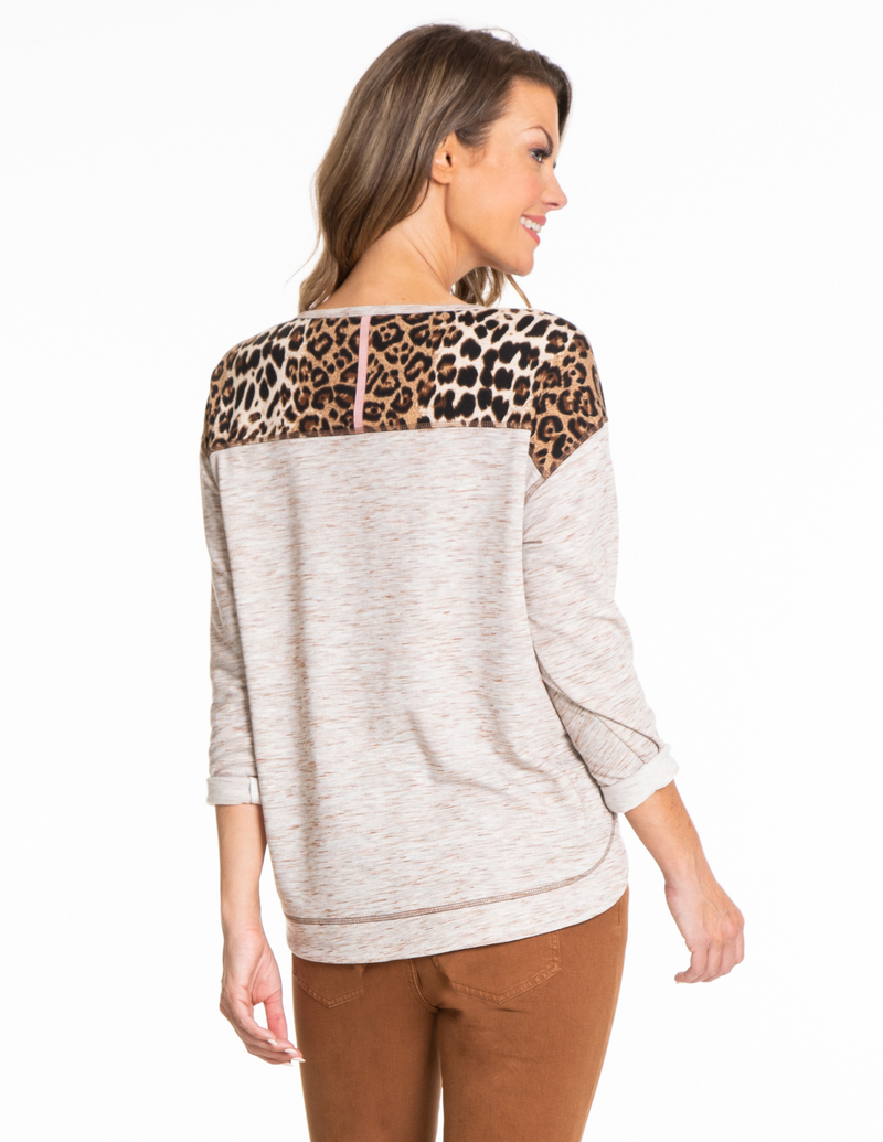 Pullover Top With Print Trim - Neutral Animal