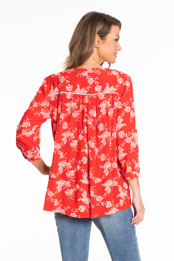 Embroidered Peasant Top - Red