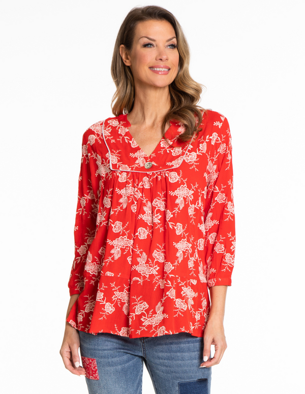 Embroidered Peasant Top - Red