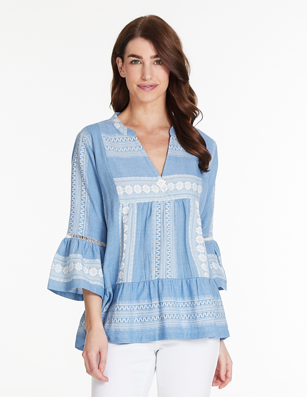 Flounce Sleeve Top - Blue Stripe