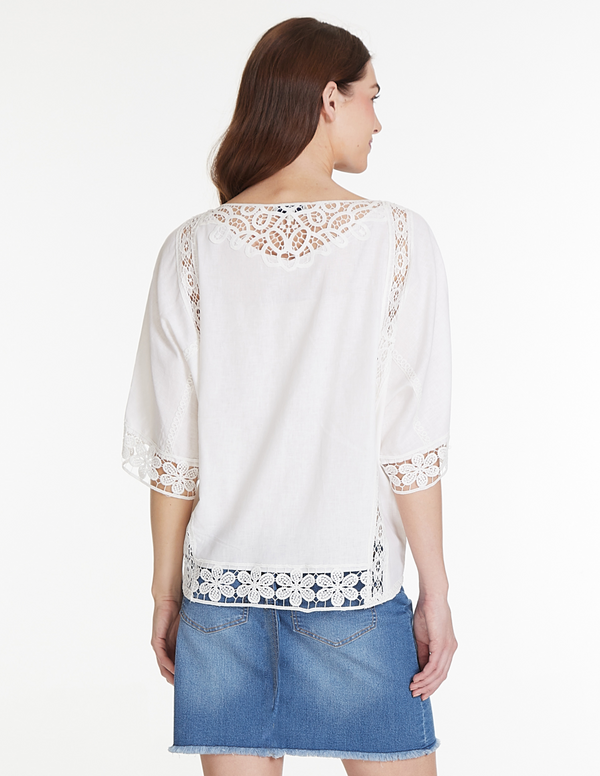 Lace Inset Dolman Sleeve Top - White