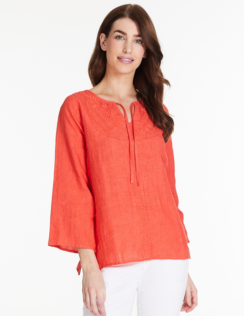 Tie Neck Embroidered Top - Red Orange