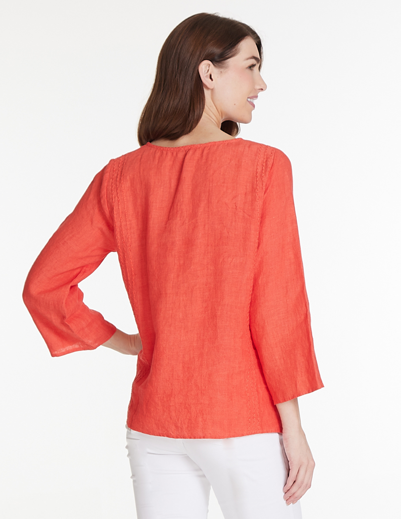 Tie Neck Embroidered Top - Red Orange