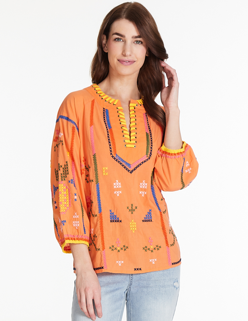 Embroidered Split Neck Top with Grommets - Multi